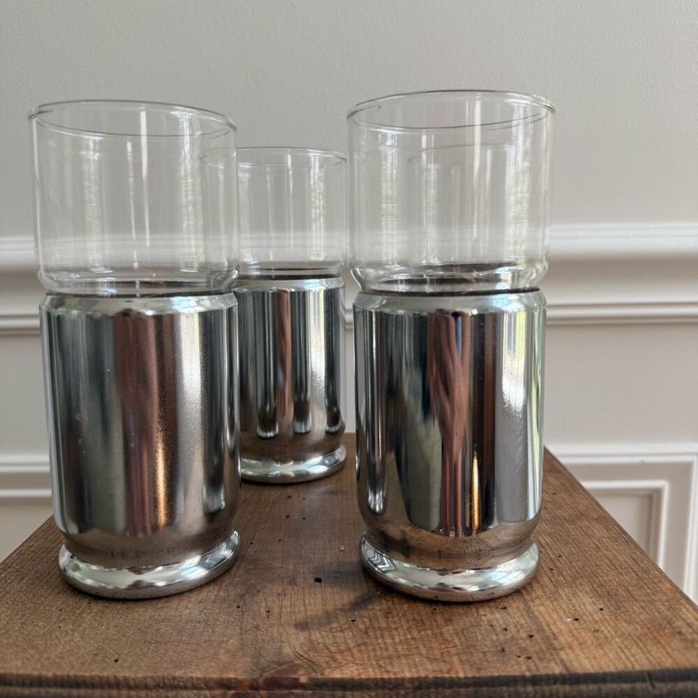 4 Hellerware Silver Atomic Age MCM Vintage Chromium Highball Glasses 6" Unmarked